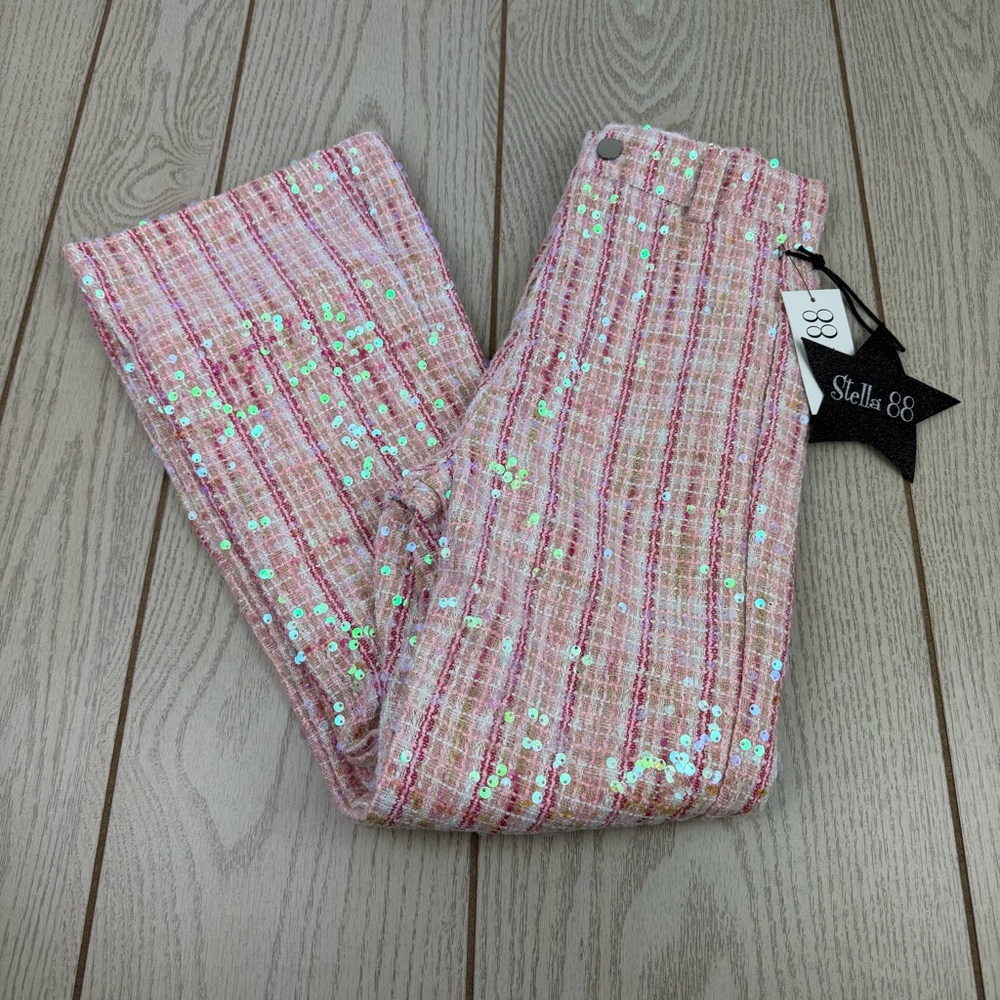 Stella 88 Big Girls Sequin Tweed Flare Pants Pink $60 Multi Size